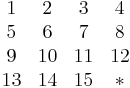 \begin{matrix} 1 & 2 & 3 & 4 \\ 5 & 6 & 7 & 8 \\ 9 & 10 & 11 & 12 \\ 13 & 14 & 15 & *\end{matrix}